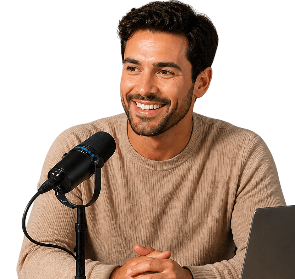 Bedford Studio member at a podcast microphone